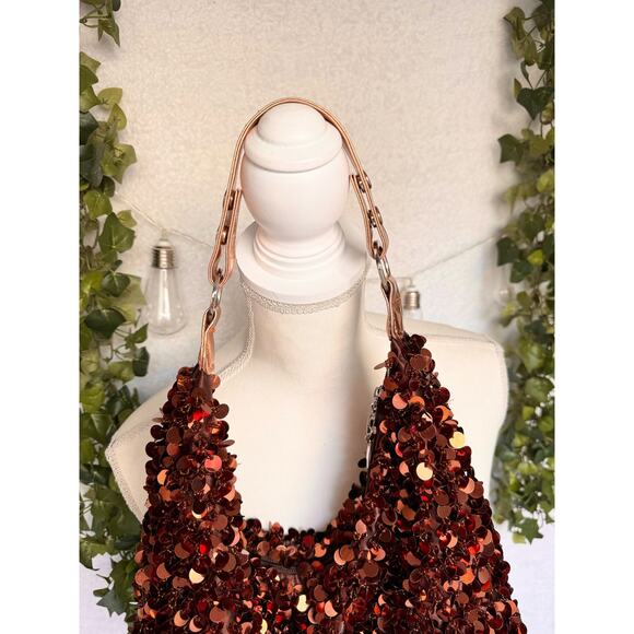 Y2K Sequin Shaggy Shoulder Bag Purse Brown Shiny Sparkly - Picture 8 of 13